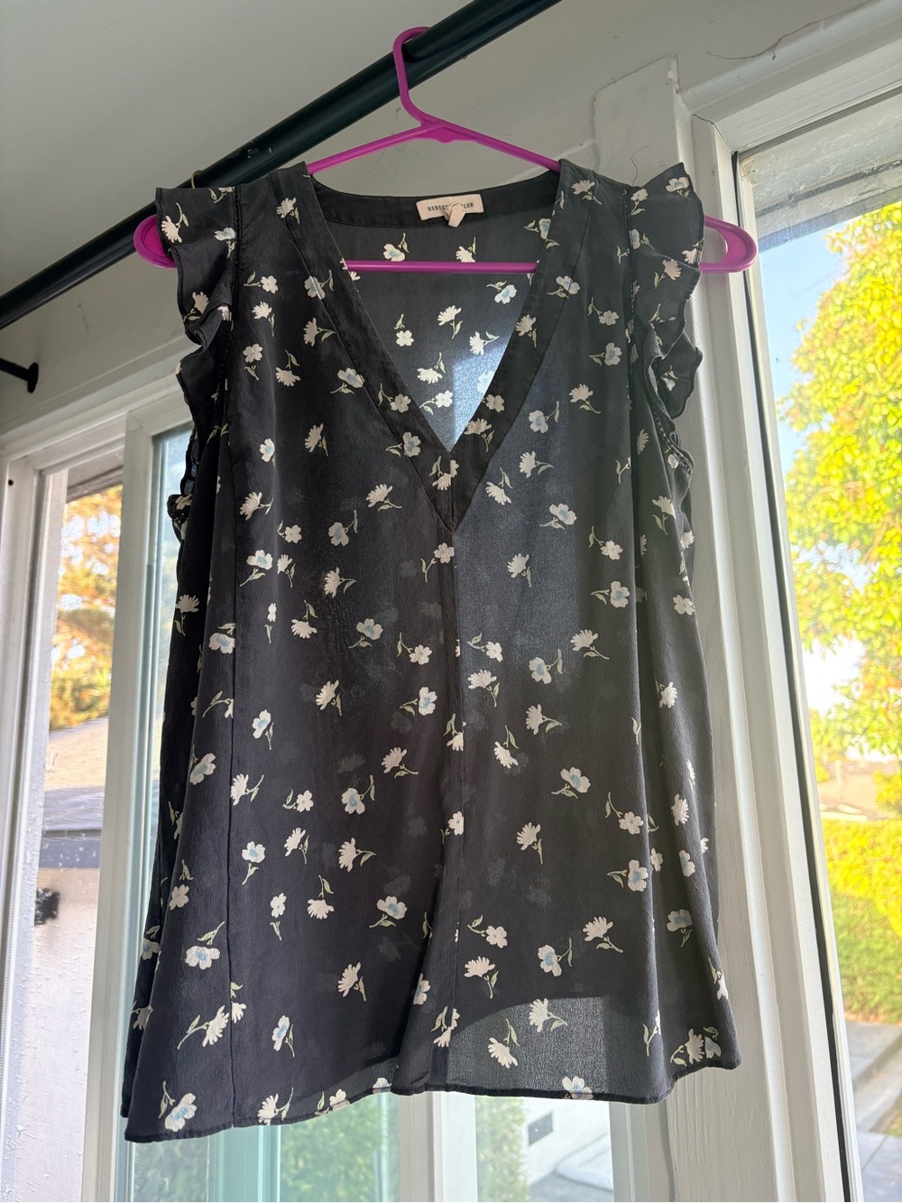 Rebecca Taylor Black Floral V-Neck Flutter Sleeve Blouse